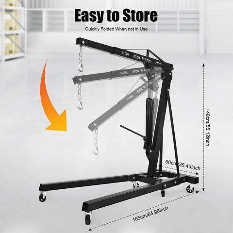 Shop Ready 2 Ton Folding Hydraulic Engine Hoist and Cherry Picker Crane with chains and folding feature for garage use.