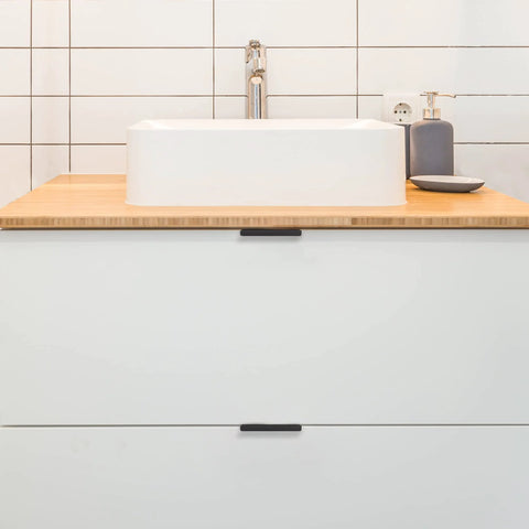 Bathroom cabinet with 6 Pack Finger Pulls For Cabinets With 76mm Hole Center And 102mm Overall Length Black Edge Pulls installed