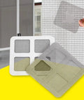 10 Piece Screen Repair Patch Kit For Windows, Doors And Tents Easy Adhesive Patches shown with mesh patches on display and applied to screen.