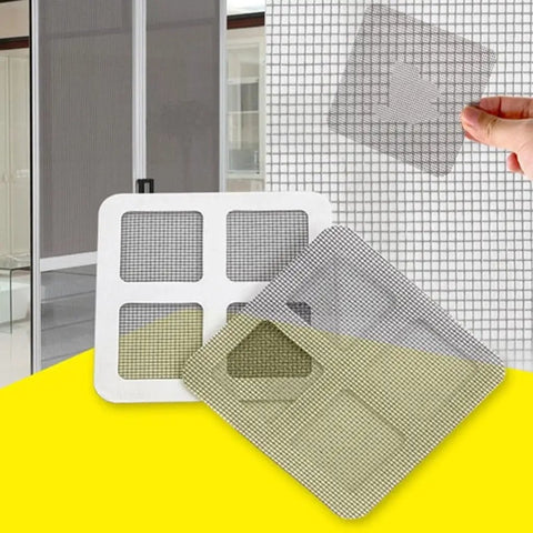 10 Piece Screen Repair Patch Kit For Windows, Doors And Tents Easy Adhesive Patches shown with mesh patches on display and applied to screen.