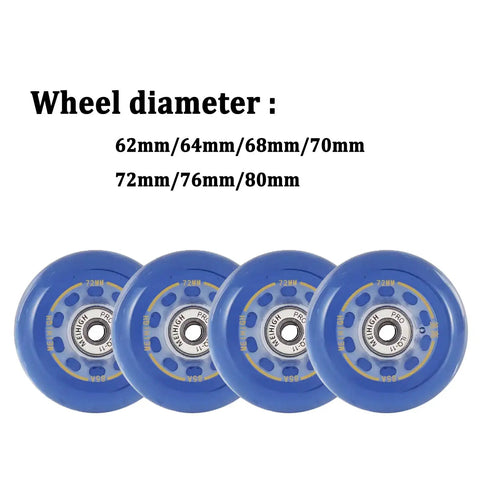Blue skate wheels in various sizes with diagram, not the Pink Dope Inline Skate Wheels 64mm 85A With Bearings 8 Pack For Outdoor And Indoor Roller Blades.