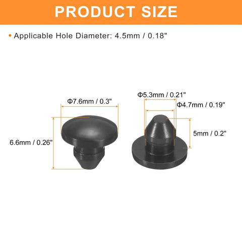 Product size details for 50 Pieces Black Silicone Snap Fit Hole Plugs For 4 5mm Tubing and Furniture End Caps.