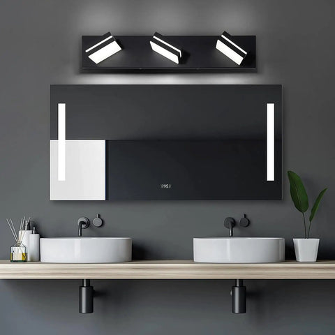 Matte Black 3 Light Bathroom Vanity Fixture With 24W LED Dimmable Over Mirror Lighting and adjustable heads above modern sinks