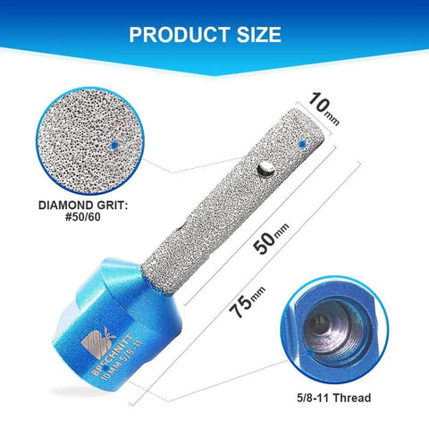 Side view: blue diamond finger milling bit, 5/8-11 thread, diamond grit #50/60 for enlarging porcelain and stone holes.