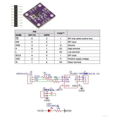 Diagram and schematic of Digital Potentiometer Module TPL0501 100K Adjustable Dope SPI Interface with pin layout