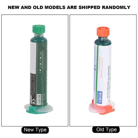 Two types of green oil containers from the Go-To PCB Solder Mask Repair Kit With Flashlight And Green Oil For Computer And Mobile Phone PCBs.