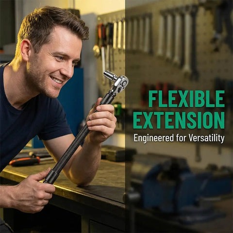 Mechanic using Half Inch Flexible Shaft Extension Bar For Impact Wrench And Ratchet, Bendable Connecting Rod, 350mm Universal Reach.