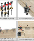 Drill bits and dowel jig kit usage steps showcasing the 3 In 1 Dowel Jig Kit With Pocket Hole Locator And Adjustable Drill Guide for DIY furniture assembly.