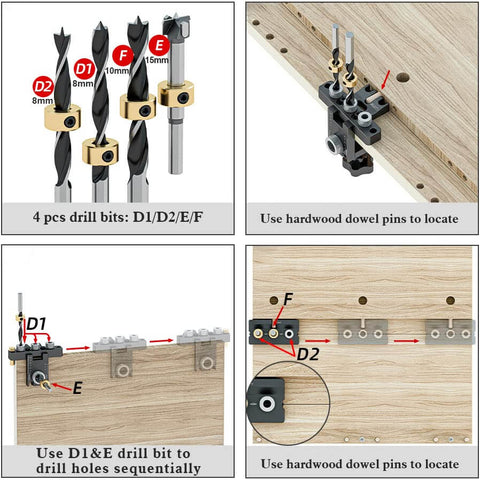 Drill bits and dowel jig kit usage steps showcasing the 3 In 1 Dowel Jig Kit With Pocket Hole Locator And Adjustable Drill Guide for DIY furniture assembly.