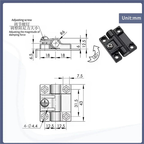 Black plastic foldable torque-damping cabinet hinge, front view with mounting holes for cabinet doors, 1 pc