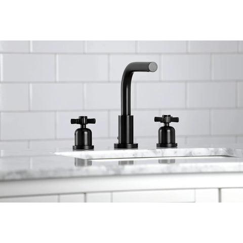 8 Inch Widespread Bathroom Faucet With Dope Matte Black Finish And Pop Up Drain Built To Last Solid Brass Construction Deck Mount Three Hole Setup 1.2 Gpm Flow Includes Matching Drain installed on a white countertop