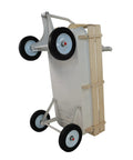 Bottom view of white Beefy All Terrain Pull Wagon with removable wooden side panels and solid tires, foldable long handle visible.
