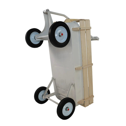Bottom view of white Beefy All Terrain Pull Wagon with removable wooden side panels and solid tires, foldable long handle visible.