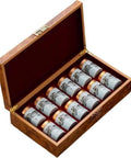 Top Tier Ceramic Food Storage Jars Set Of Twelve With Airtight Snap Lids For Spices Tea And Coffee Beans displayed in a wooden box.