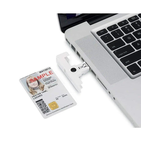 SCR3500 USB Smart Card Reader For ID1 ISO 8716 Cards, Compact Dongle Design, connected to laptop for secure access