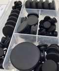 102 Piece Silicone Hole Plug Kit With Nine Sizes Round Plugs in a clear organizer box