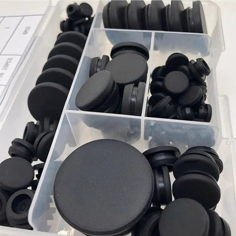 102 Piece Silicone Hole Plug Kit With Nine Sizes Round Plugs in a clear organizer box