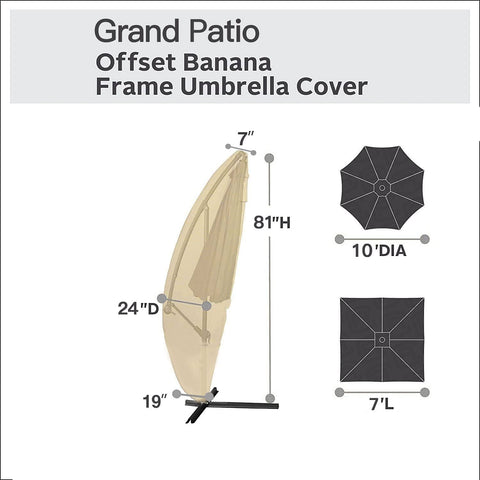 Deluxe 9 To 12 Feet Offset Umbrella Cover For Curved Cantilever And Straight Pole Umbrellas dimensions diagram in beige.