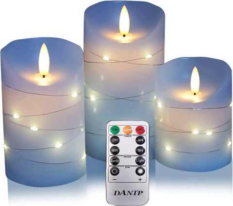 Cozy Flameless Candle Set With Embedded String Lights 5 Piece Real Wax LED Candles Remote Control 24 Hour Timer Dancing Flame