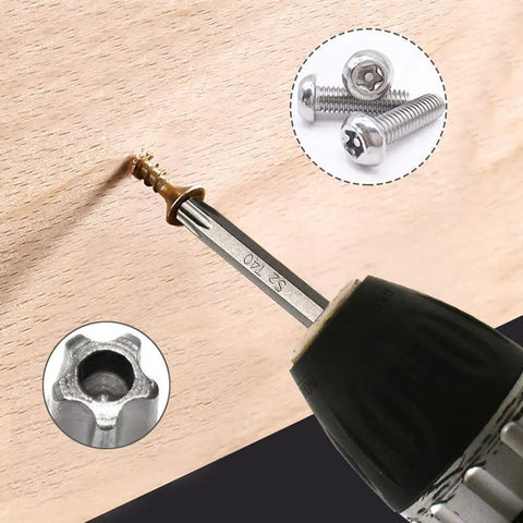 Straight Up Durable 14 Piece Torx Security Star Screwdriver Bits Set Built Like A Tank With S2 Steel 5 Point tip in action with screws.