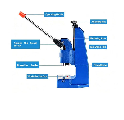 Knockout Quality Build On This Manual Arbor Press showing operating handle, adjusting nut, and worktable for crafting tasks.