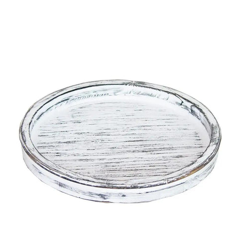 14 Inch White Distressed Round Lazy Susan Real Deal Farmhouse Turntable Smooth Spinning Wooden Serving Tray top view