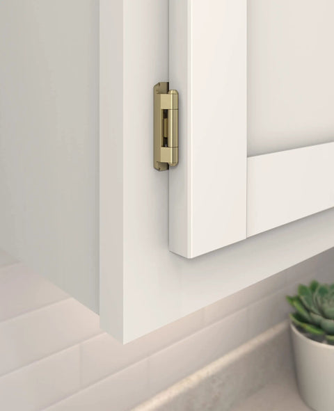 Half Inch Overlay Cabinet Door Hinge Self Closing Partial Wrap Golden Champagne Finish on white kitchen cabinet