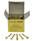 Top Shelf Brass Plated Fasteners 1-1/2 Inches Size 6 Bulk Pack Of 100 Heavy Duty Binding Pins in opened box on table.