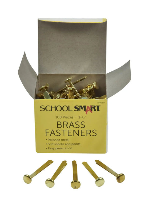 Top Shelf Brass Plated Fasteners 1-1/2 Inches Size 6 Bulk Pack Of 100 Heavy Duty Binding Pins in opened box on table.