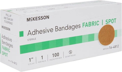 Box packaging of Adhesive Spot Bandage 1 Inch Round Tan Medi Pak Performance Sterile Latex Free Sheer Fabric Easy Stick Medical Grade First Aid Bandage Sold Per Box For Quick Wound Coverage No Fuss