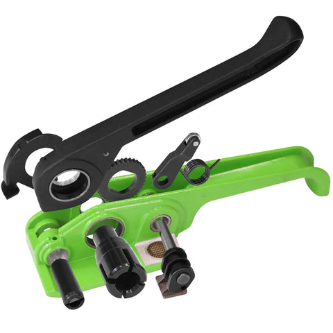 Beefy Heavy Duty Banding Tensioner And Cutter Windlass For One Half To Three Quarter Inch Polypropylene Woven Straps Handheld Packaging Tool Built Tough For Fast Pallet Shipping Polyester Compatible Cord Straps, black and green