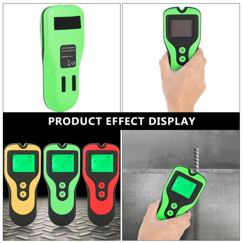 Electronic Wall Finder Detects Wood Metal Studs and Live Wire in various colors, showing use in detecting wall studs.