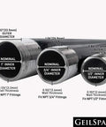 Comparison of steel pipe sizes labeled for NPT fittings, including 1/2 inch for Six Pack Pre Cut Half Inch By Six Inch Heavy Duty Gray Metal Pipe
