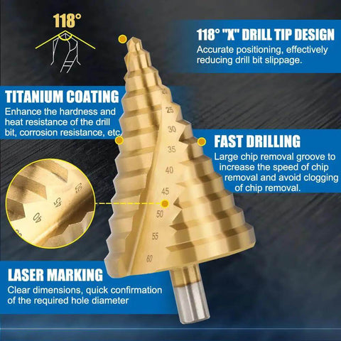 Step Drill Bit Set 6 To 60mm Titanium Coated HSS Cone Drill Bit With Triangular Shank Spiral Groove Pagoda Hole Cutter