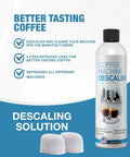 Front view of coffee machine descaler bottle with two white descaling tablets