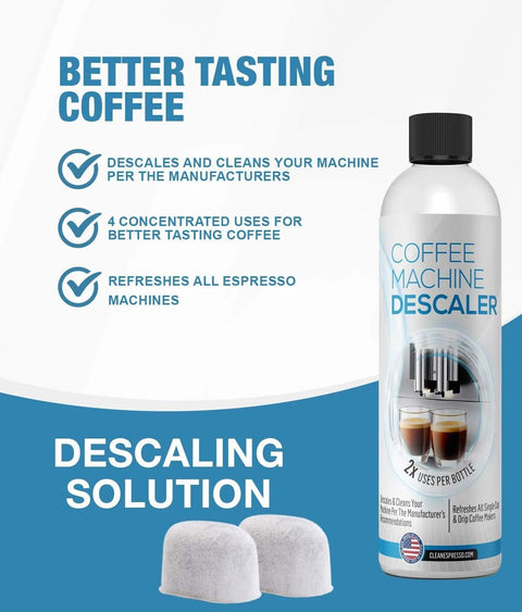 Front view of coffee machine descaler bottle with two white descaling tablets