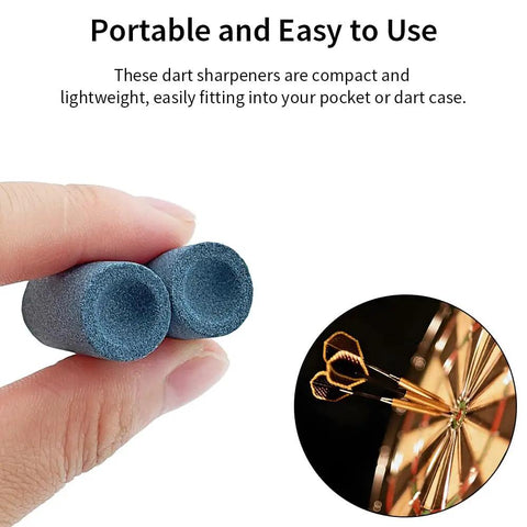 6 Piece Dart Sharpeners Set With Cylindrical Grinding Stones For Steel Tip Darts Keep Points Sharp Reduce Burrs And Bounce Outs Durable Darts Accessories Kit shown with two sharpening stones held in hand, and three darts hitting a dartboard.