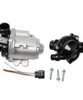 Heavy Duty Electric Water Pump And Thermostat assembly showing silver aluminum unit and black plastic thermostat with mounting hardware.