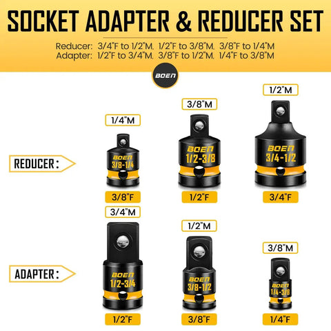 Versatile 9-Piece Impact Socket Adapter And Reducer Set For 1/4, 3/8, 1/2, And 3/4 Inch Drives with deep markings displayed