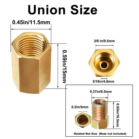 Brake Line Fitting Kit For 3/16 Inch Tube Inverted Flare Unions, features brass fitting dimensions with 3/8-24 UNF threads