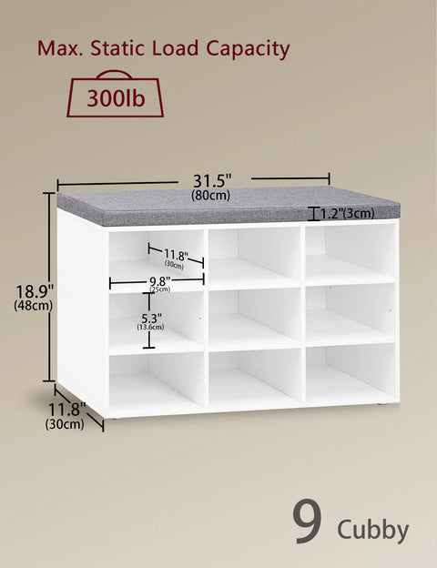 Front view of Cushioned Shoe Storage Bench With 9 Cubbies And Adjustable Shelves, A Must-Have Entryway Organizer For Mudroom Hallway Closet Or Garage, Keeps Shoes Neat And Easy To Grab, White