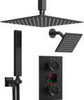 GRANDJOY 12" Digital Display Shower System, 3-Function, Matte Black with overhead rain head and hand shower.