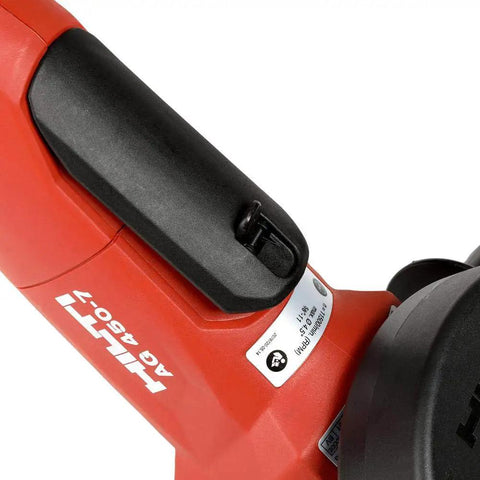 Close-up of 7 Amp 4.5 Inch Angle Grinder with Dead Man Switch Slim Red Powerhouse for metal cutting and grinding ergonomic grip