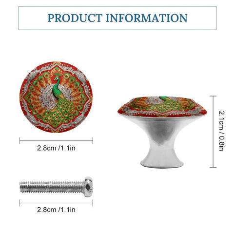 Two Pack Round Golden Tribal Pattern Cabinet Knobs With Screws Stainless Steel Hardware For Kitchen Cabinets Cupboards Dressers Drawers And Doors Modern White Finish 1.1 Inch Diameter 0.8 Inch Height with peacock design
