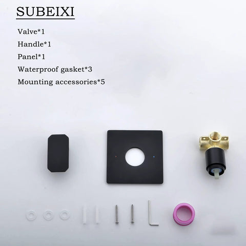 Matte Black Square Shower Valve Kit With Rough In Valve, Single Function Shower Faucet Mixer including panel and accessories.