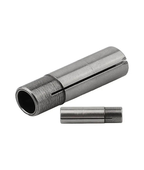 Rock Solid Collet Reducer Adaptor Shank Bit For 1/2 To 1/4 And 1/8 Inch CNC Router Spindles, metal adapter bit on white background.