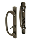 Mortise Style Sliding Patio Door Handle Set In Bronze Diecast Non Keyed Fits Three And Fifteen Sixteenth Inch Hole Spacing Includes Inside And Outside Handles For Replacing Old Or Damaged Patio Door Hardware visible both front and side view.