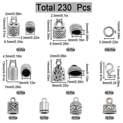 Must Have All In One Leather And Kumihimo Bracelet End Cap Kit With Tibetan Antique Silver Finish 230 Pcs Cord End Caps