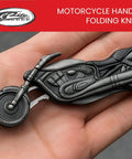 Motorcycle Style Folding Knife With 4.75 Inch Etched Stainless Blade Cast Metal Bike Handle and LED Light