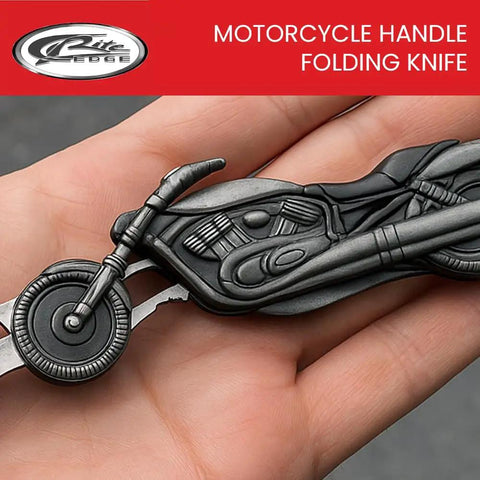 Motorcycle Style Folding Knife With 4.75 Inch Etched Stainless Blade Cast Metal Bike Handle and LED Light
